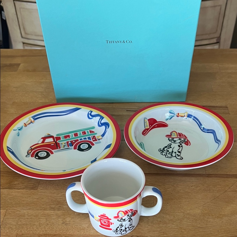 Tiffany & Co. Children's Fire Station Dish Set in Light Blue, Red, Yellow